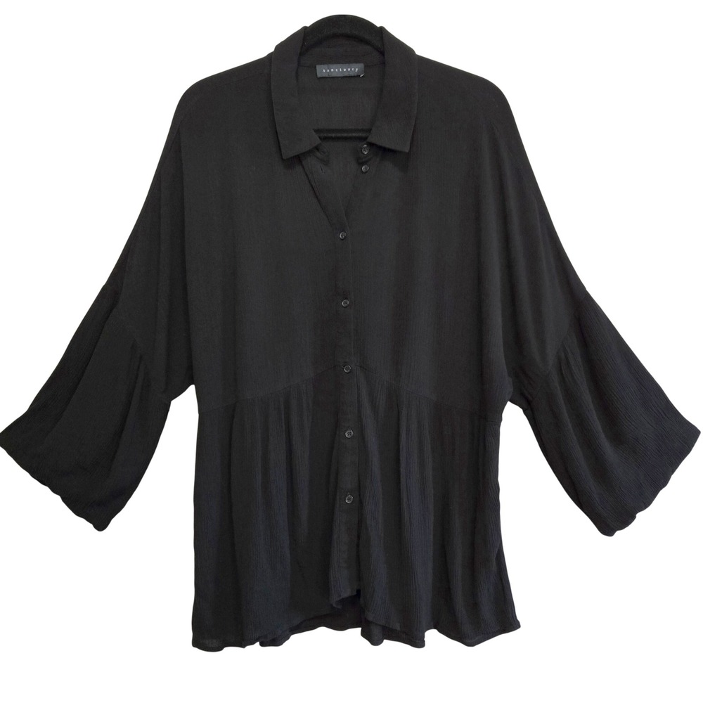Sanctuary XL Boho Black Crinkle Gauze Babydoll Bell Sleeve Button Down Top